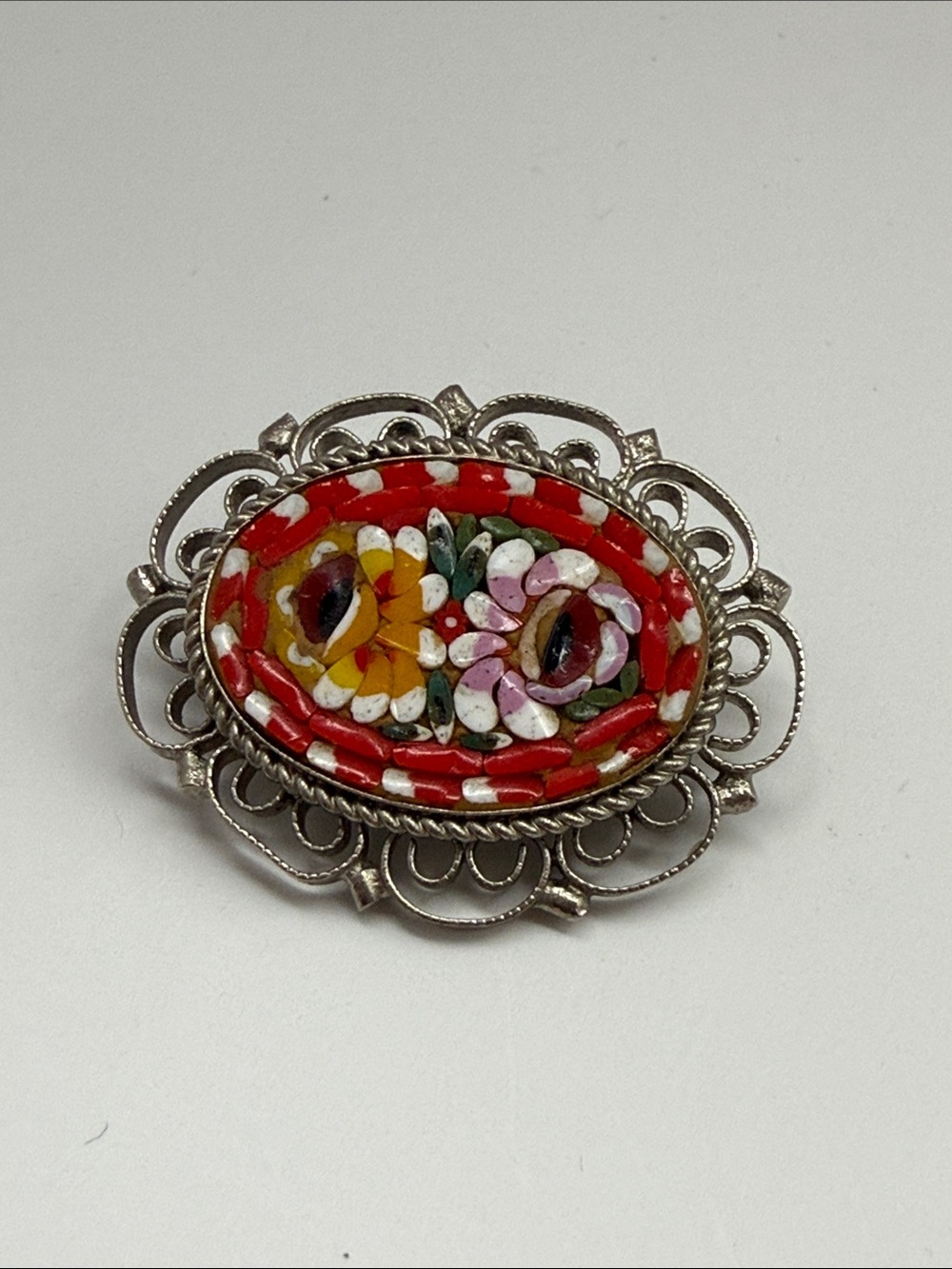 Vintage Red Floral Micro Mosaic Brooch